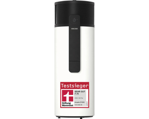 Stiebel Eltron Warmwasser-Wärmepumpe WWK-I 300 Plus, Stiebel Eltron Logo, Stiftung Warentest Testsieger Sehr Gut eins komma fünf.