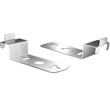 Zwei Montagehalterungen aus Metall mit Befestigungslöchern.