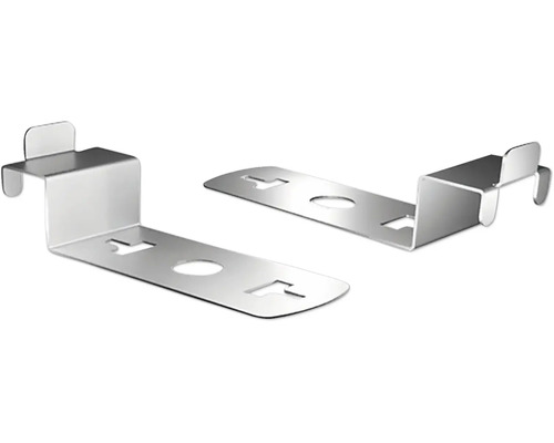 Zwei Montagehalterungen aus Metall mit Befestigungslöchern.