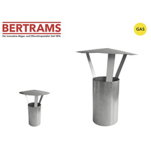 Bertrams Logo. Schornsteinaufsatz für Gasgeräte aus Metall mit zylindrischem Sockel und Schutzdach. Geeignet für Gas.