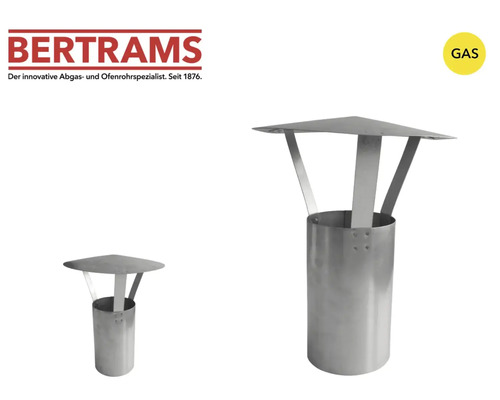 Bertrams Logo. Schornsteinaufsatz für Gasgeräte aus Metall mit zylindrischem Sockel und Schutzdach. Geeignet für Gas.