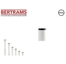 Bertrams Logo, Symbol für Emaille und weiße Ofenrohre aus Emaille in verschiedenen Längen.