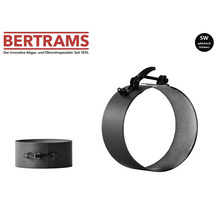 Bertrams Logo, Symbol für zylindrische Ausführung, schwarzes Spannband für Ofenrohre mit Schnellverschluss.