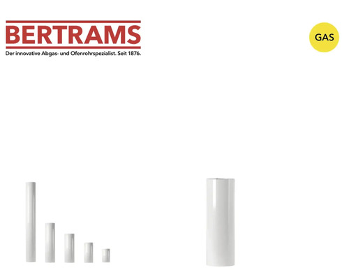 Bertrams Logo. Weiße emaillierte Gas-Abgasrohre in verschiedenen Längen. Geeignet für Gas.