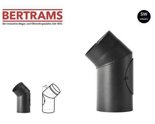 Bertrams Logo. Schwarzer Ofenrohrbogen mit 45 Grad Winkel und Reinigungsöffnung aus Stahl.