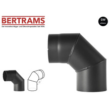 Dreiteiliger BERTRAMS Ofenrohrbogen mit 90 Grad Winkel aus schwarzem Stahl. BERTRAMS Logo.