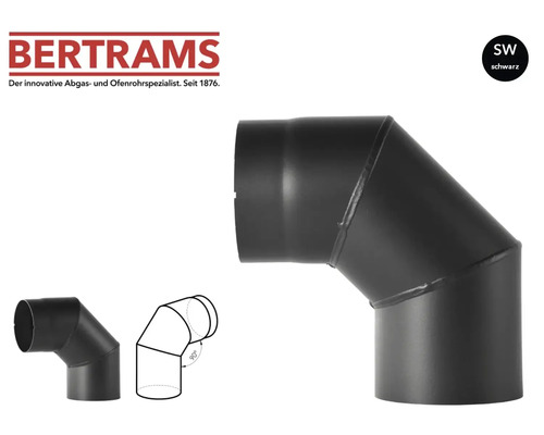 Dreiteiliger BERTRAMS Ofenrohrbogen mit 90 Grad Winkel aus schwarzem Stahl. BERTRAMS Logo.