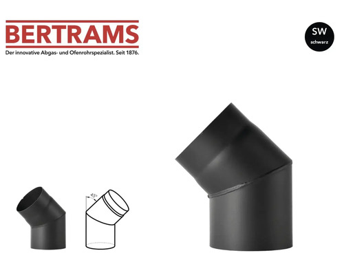 Bertrams Logo und Ofenrohr-Kniebogen aus Stahl, 45 Grad, schwarz.