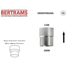 Bertrams Ofenrohrerweiterung aus feueraluminiertem Stahlblech für den Übergang von 100 Millimeter auf 110 Millimeter. Mit Bertrams Logo.