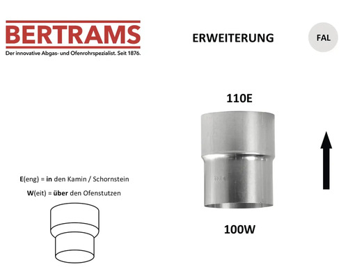 Bertrams Ofenrohrerweiterung aus feueraluminiertem Stahlblech für den Übergang von 100 Millimeter auf 110 Millimeter. Mit Bertrams Logo.