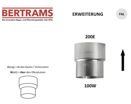 Bertrams Erweiterung für Ofenrohre aus feueraluminiertem Stahlblech von 100 Millimeter auf 200 Millimeter.