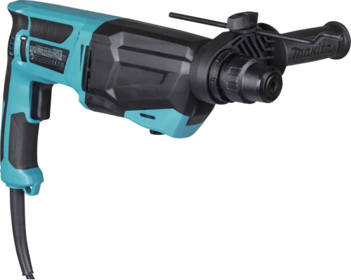 Bohrhammer von Makita mit Zusatzhandgriff und Tiefenanschlag. Makita Logo.