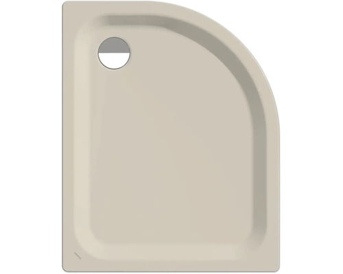 Sandfarbene Viertelkreis-Duschwanne mit Ablaufloch in der Ecke.