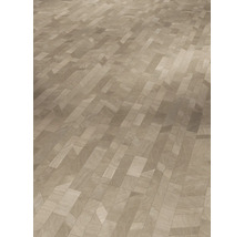 Parkettboden aus hellem Holz mit einem geometrischen Mosaikmuster.