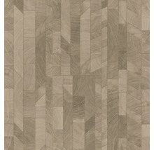 Tapete mit geometrischem Holzmuster, Holzoptik mit sichtbarer Maserung und verschiedenen Plankenformen.