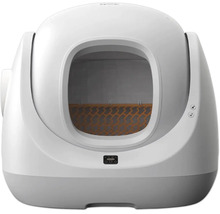 Selbstreinigende Katzentoilette mit rundem Einstieg, digitalem Display und modernem Design in Weiß und Grau.