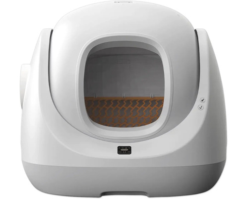 Selbstreinigende Katzentoilette mit rundem Einstieg, digitalem Display und modernem Design in Weiß und Grau.