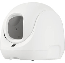 Weiße, selbstreinigende automatische Katzentoilette in Kugelform aus Kunststoff.