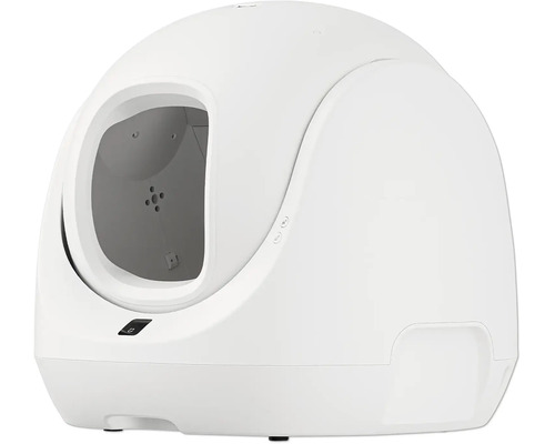 Weiße, selbstreinigende automatische Katzentoilette in Kugelform aus Kunststoff.