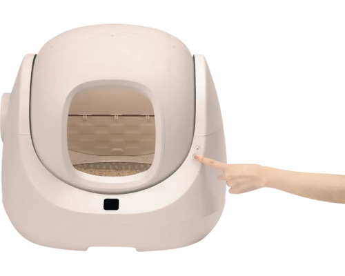 Selbstreinigende Katzentoilette aus Kunststoff in modernem Design mit Handbedienung am seitlichen Knopf.