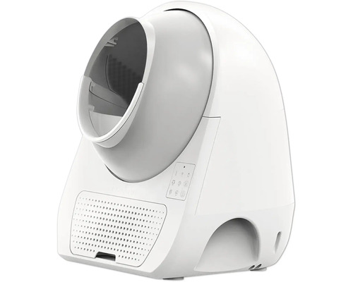Weiße selbstreinigende automatische Katzentoilette mit Kugel-Design und Bedienfeld.
