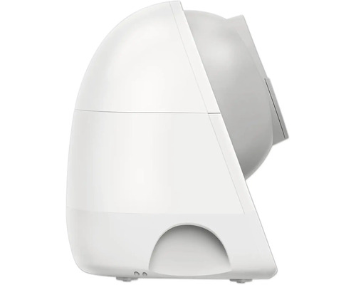 Seitenansicht einer automatischen selbstreinigenden Katzentoilette aus Kunststoff mit kuppelförmigem Gehäuse.