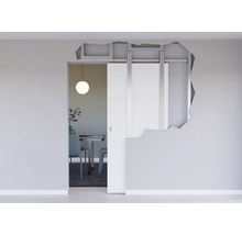 Einbausystem für eine Schiebetür in einer Wand mit sichtbarem Metallrahmen und Laufschiene.