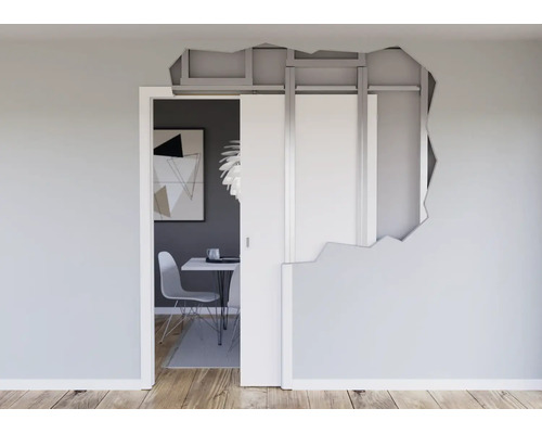 Einbau einer in der Wand laufenden Schiebetür in ein Trockenbausystem mit sichtbarem Metallständerwerk in einem modernen Raum.