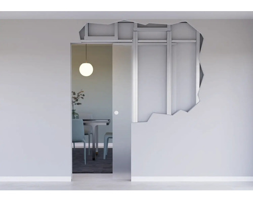 Glasschiebetür-System integriert in eine Wand mit sichtbarem Metall-Trockenbauprofil im modernen Wohnbereich.