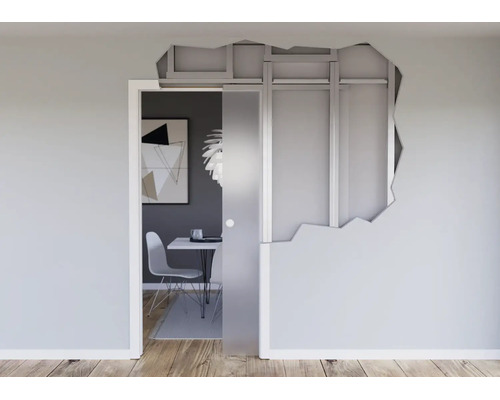Schnittdarstellung eines Schiebetürsystems aus Glas in einer Metallständerwand zur Veranschaulichung der Unterkonstruktion für den Trockenbau.