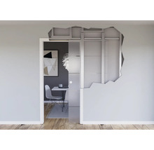 Einbauelement für Glasschiebetür in Trockenbauwand, Metallrahmen sichtbare Konstruktion in modernem Raum mit Holzboden.