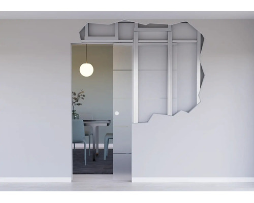 In der Wand laufende Glasschiebetür mit sichtbarer Metallständerwand und Trockenbau Konstruktion in einem modernen Wohnraum.