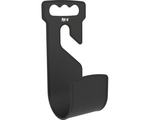 Schwarze for.q Wandhalterung aus Kunststoff für Gartenschläuche oder Geräte mit Griff, Haken und for.q Logo.