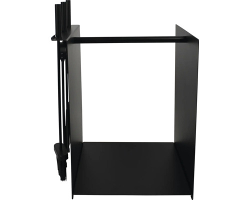 Moderner Kaminholzständer aus schwarzem Metall mit integriertem Kaminbesteck, inklusive Schürhaken, Besen und Schaufel.