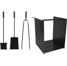 Schwarzes Kaminbesteck-Set aus Metall bestehend aus Besen, Schaufel, Zange und Kaminholzregal.