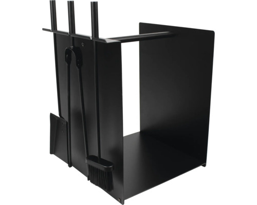 Kaminbesteck-Set mit Holzregal aus schwarzem Metall, inklusive Schaufel, Zange und Besen.