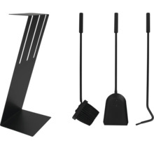 Modernes schwarzes Kaminbesteck-Set bestehend aus Schaufel, Besen, Schürhaken und einem Z-förmigen Metallständer.