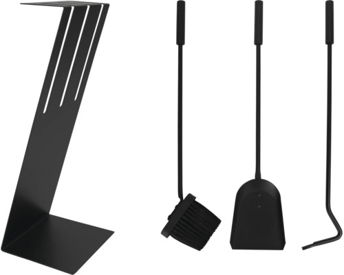 Modernes schwarzes Kaminbesteck-Set bestehend aus Schaufel, Besen, Schürhaken und einem Z-förmigen Metallständer.