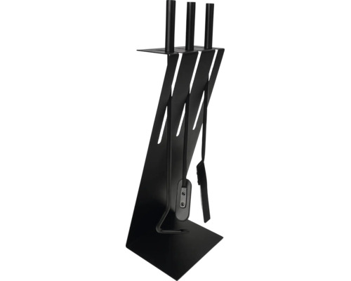 Modernes Kaminbesteck-Set aus schwarzem Stahl, bestehend aus Schaufel, Besen, Schürhaken und einem minimalistischen Ständer.