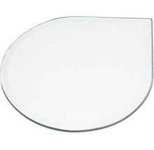 Kaminbodenplatte aus Glas in Tropfenform für den Funkenschutz.