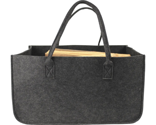 Filztasche für Kaminholz, rechteckig mit zwei Tragegriffen, gefüllt mit Holzscheiten.
