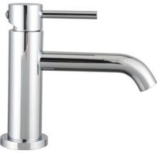 Einhebel-Waschtischarmatur in Chrom mit zylindrischem Körper und schlankem Bedienhebel.