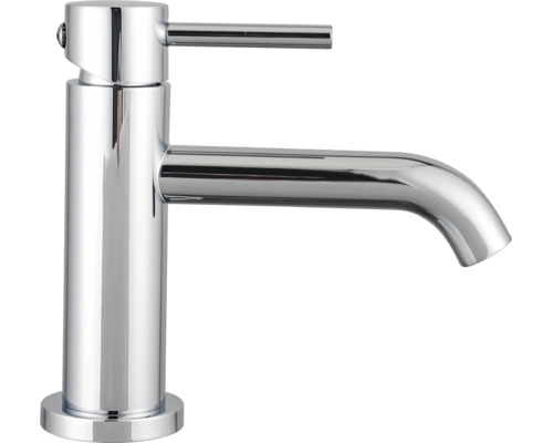 Einhebel-Waschtischarmatur in Chrom mit zylindrischem Körper und schlankem Bedienhebel.