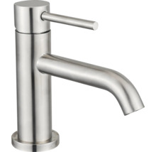 Einhebel-Waschtischmischer aus Edelstahl mit gebogenem Auslauf und zylindrischem Design.