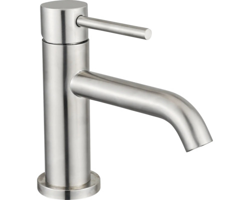 Einhebel-Waschtischmischer aus Edelstahl mit gebogenem Auslauf und zylindrischem Design.