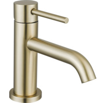 Einhebel-Waschtischarmatur in gebürsteter Gold-Optik mit zylindrischem Körper und gebogenem Auslauf.