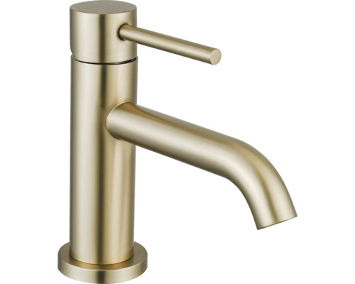 Einhebel-Waschtischarmatur in gebürsteter Gold-Optik mit zylindrischem Körper und gebogenem Auslauf.