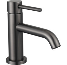 Einhebel-Waschtischarmatur aus gebürstetem dunklem Metall mit zylindrischem Körper.