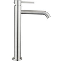 Einhebel-Waschtischmischer in hoher Ausführung aus gebürstetem Metall für moderne Badezimmer.