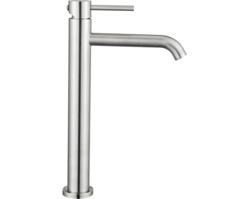 Einhebel-Waschtischmischer in hoher Ausführung aus gebürstetem Metall für moderne Badezimmer.
